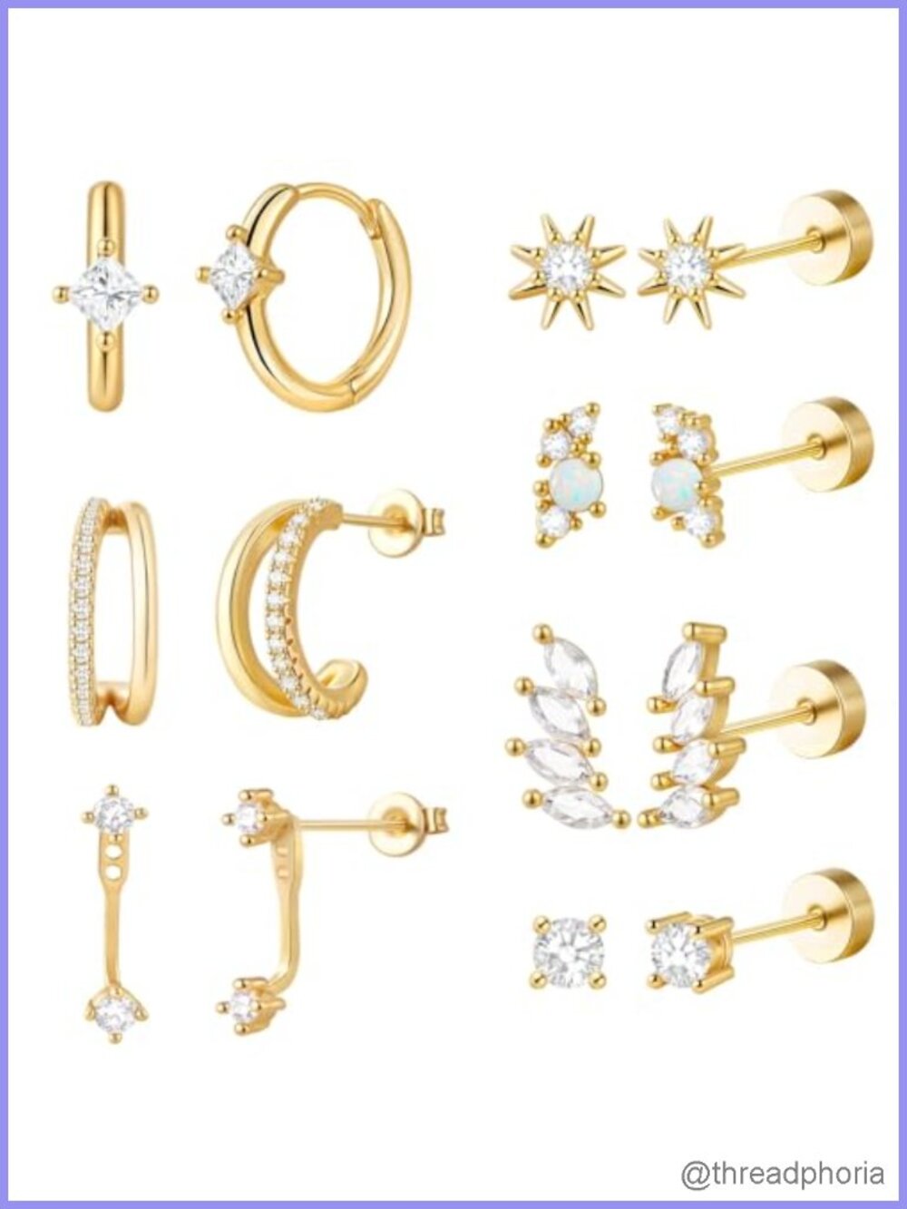 Gold Flat Back Earrings 7 Pairs Cartilage Stud Hoop Set Hypoallergenic